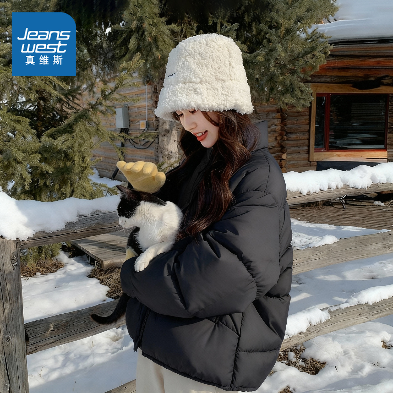 真维斯加厚棉衣短款黑色棉服女