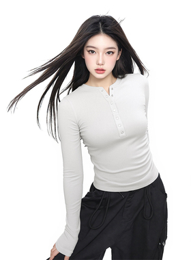 NOW真维斯白色正肩长袖t恤女2026新款早春修身显瘦内搭打底衫上衣