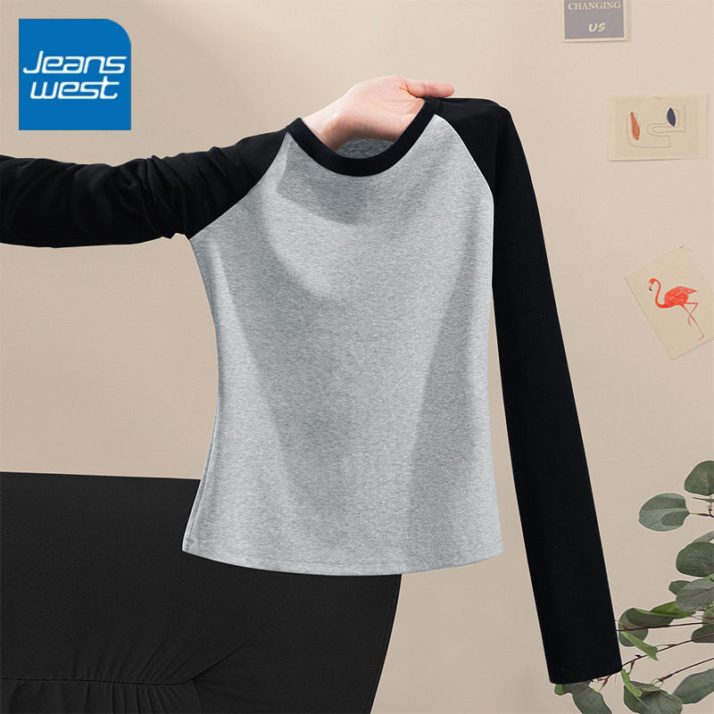 NOA真维斯灰色修身长袖t恤女2025秋撞色插肩圆领百搭流行女士