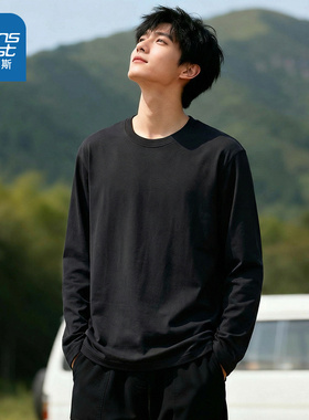 NN真维斯黑色长袖t恤男款春季重磅纯棉简约休闲上衣青少年体恤衫