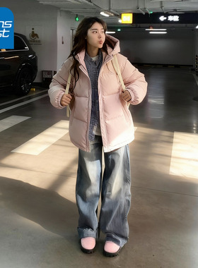 NOA真维斯粉色连帽棉服女 2026新款冬季小个子加厚保暖棉袄面包服