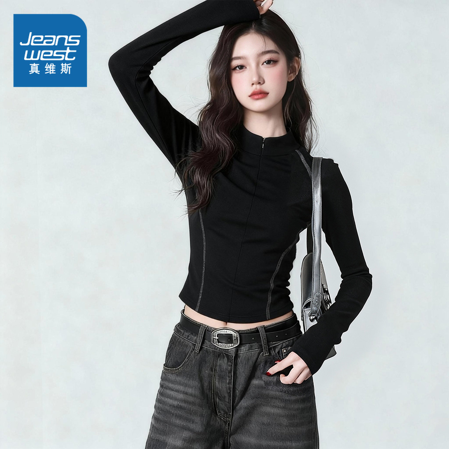NOW真维斯黑色半高领拉链打底衫女秋冬季修身薄绒长袖t恤内搭上衣