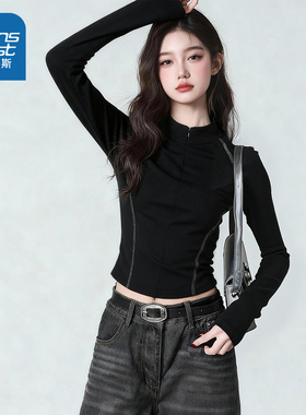NOW真维斯黑色半高领拉链打底衫女秋冬季修身薄绒长袖t恤内搭上衣