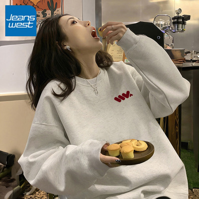 KYV真维斯灰色卫衣女春秋小个子宽松慵懒风小众美式圆领无帽上衣