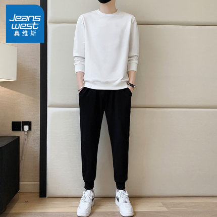 N5真维斯男士长袖套装2025秋季新款潮流休闲运动卫衣打底衫两件套