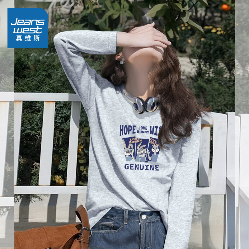 NOB真维斯长袖t恤女2025新款春秋季青少年宽松打底衫纯棉内搭