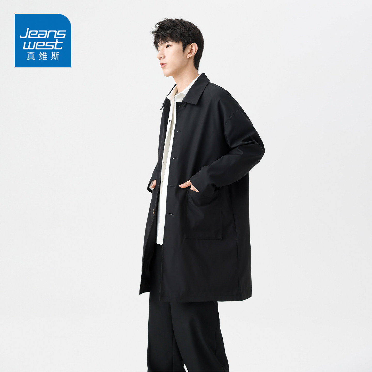 真维斯秋冬季新款宽松翻领风衣男