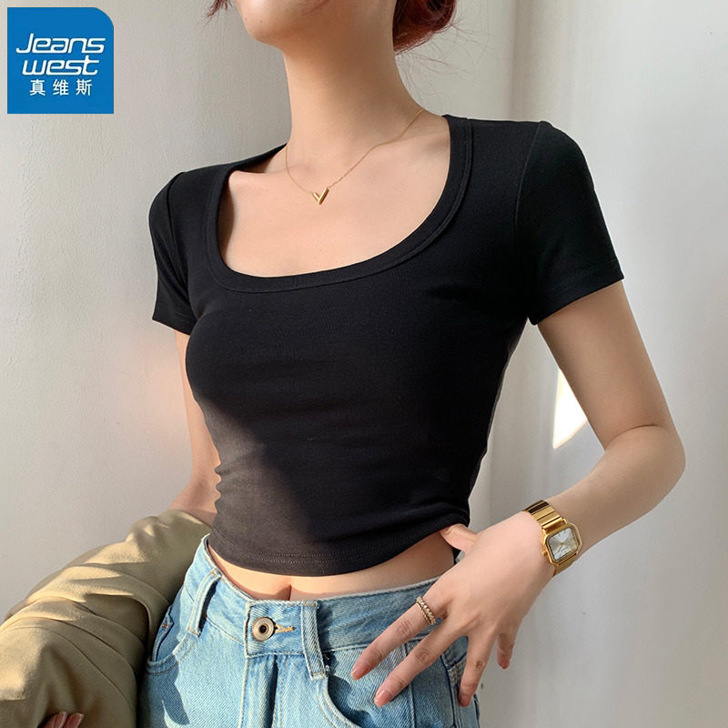 KHV真维斯黑色方领正肩短袖t恤女夏2025新款修身显瘦短款上衣