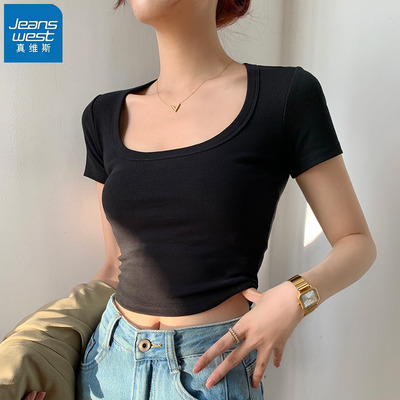 真维斯黑色方领短袖t恤上衣半袖
