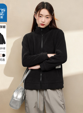 NOW真维斯黑色摇粒绒外套女2025新款秋冬冲锋衣内胆抓绒立领开衫