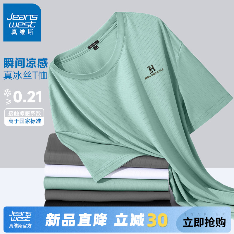 GV真维斯短袖男t恤2025新款夏季冰丝薄款水绿半袖男士宽松速干衣A