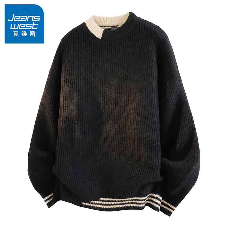 N5真维斯毛衣男2025新款秋冬季撞色宽松圆领上衣服保暖男款针织衫