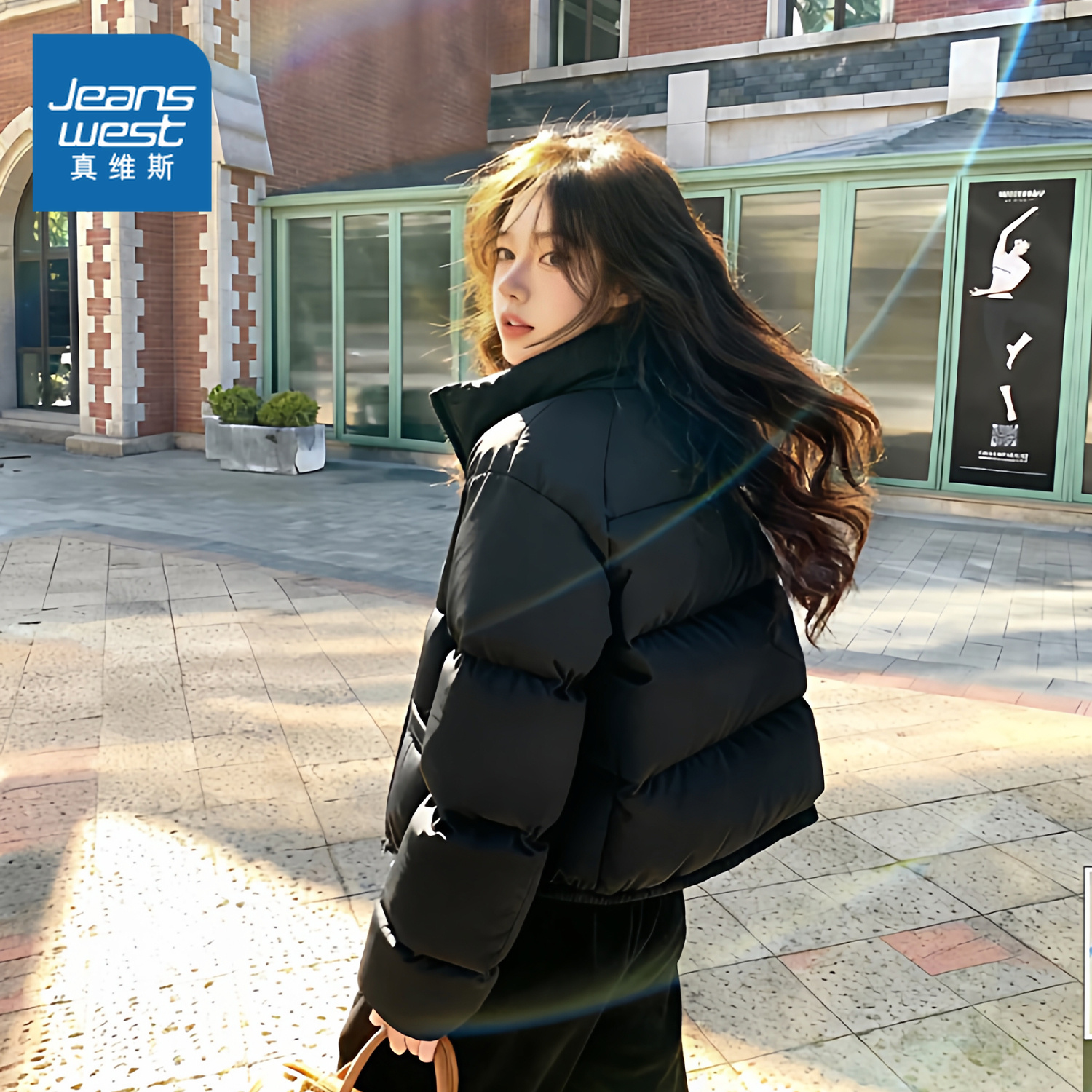 真维斯黑色立领羽绒棉服女款2025