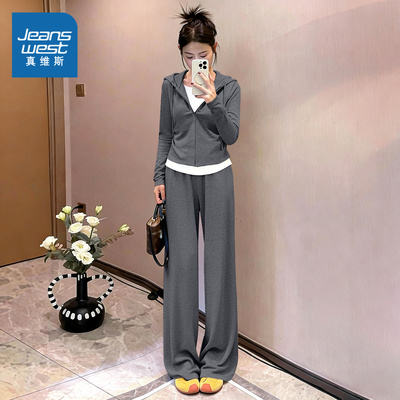 JR真维斯女装2026春季新款小个子休闲运动假两件连帽收腰套装