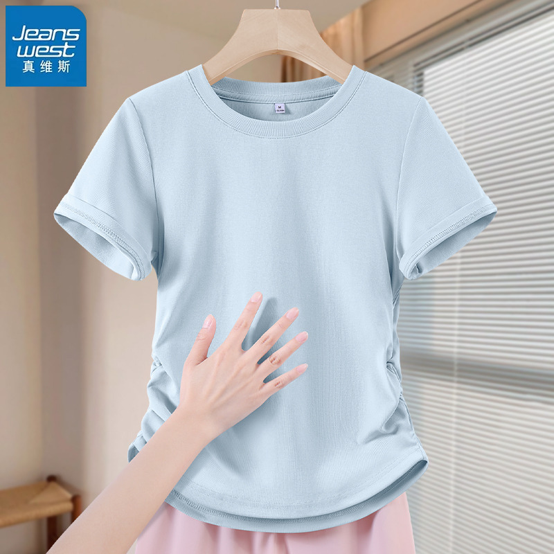 真维斯短袖t恤女抽褶短款上衣夏