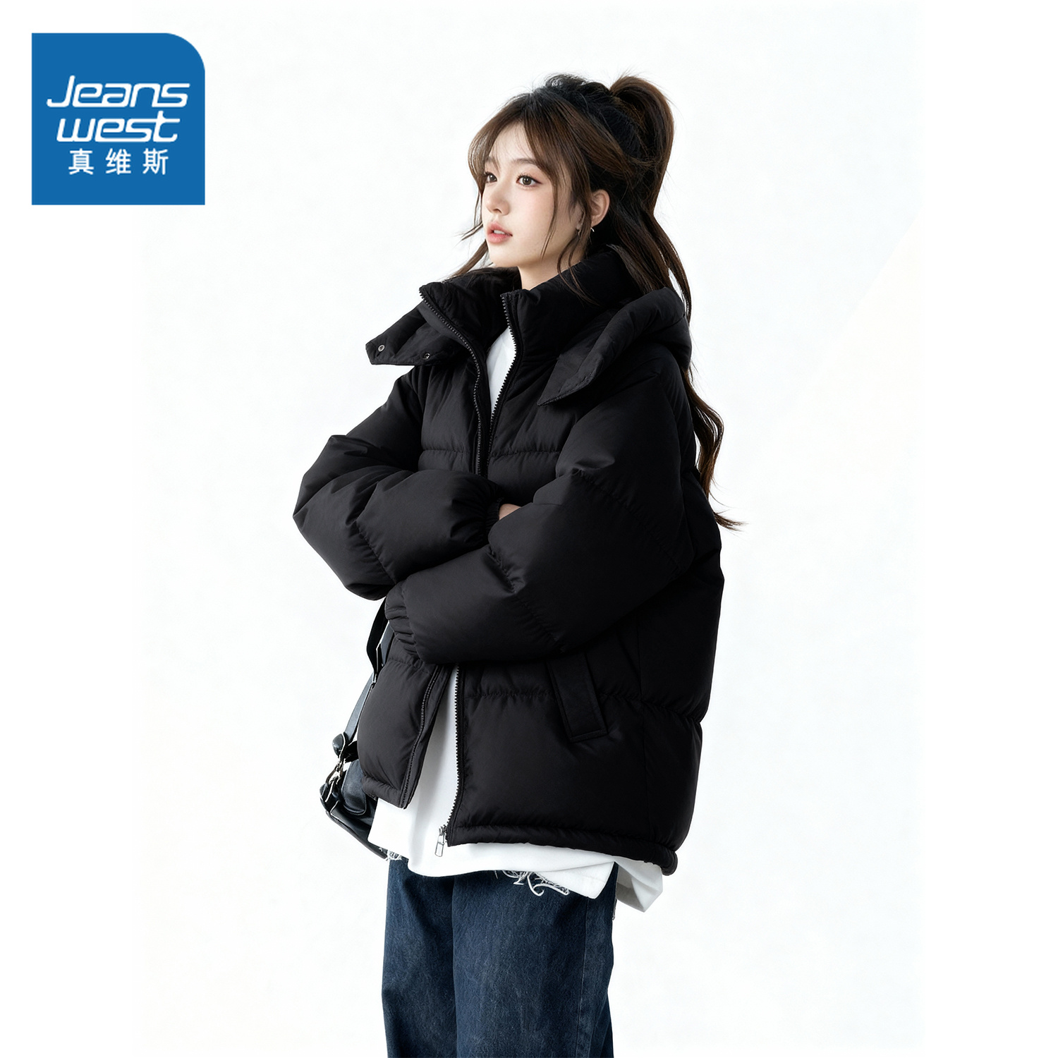 NOW真维斯黑色棉服女款2025新款冬季韩系超好看冬装夹棉袄厚外套