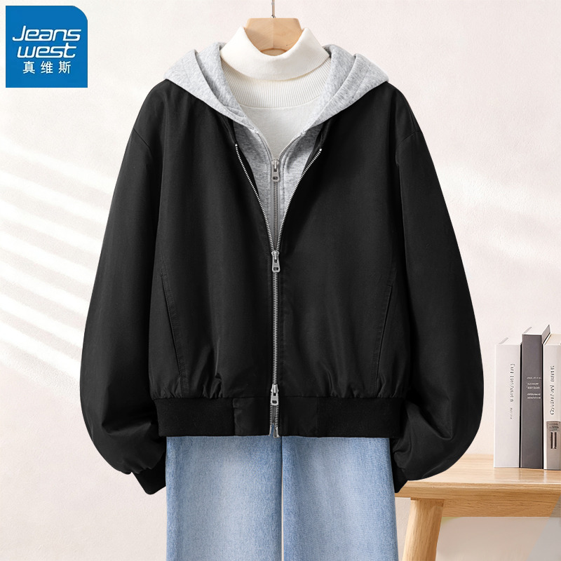 KHV真维斯黑色连帽假两件短款外套女2025秋冬季新款上衣棉服夹克