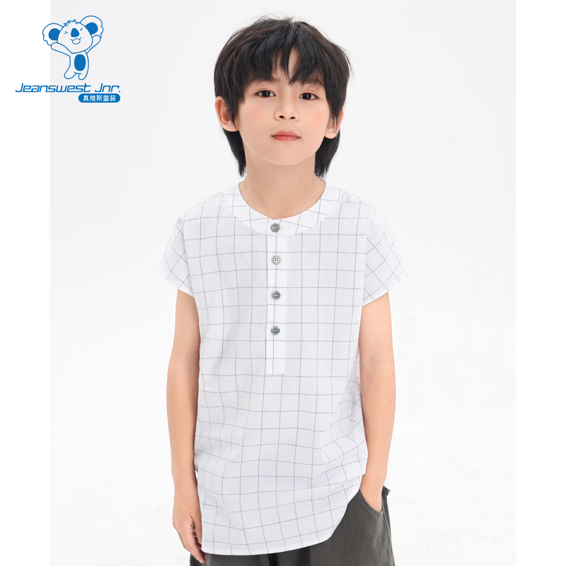 KY真维斯童装衬衫 夏季品 男童时尚舒适纯棉无袖格子衬衫