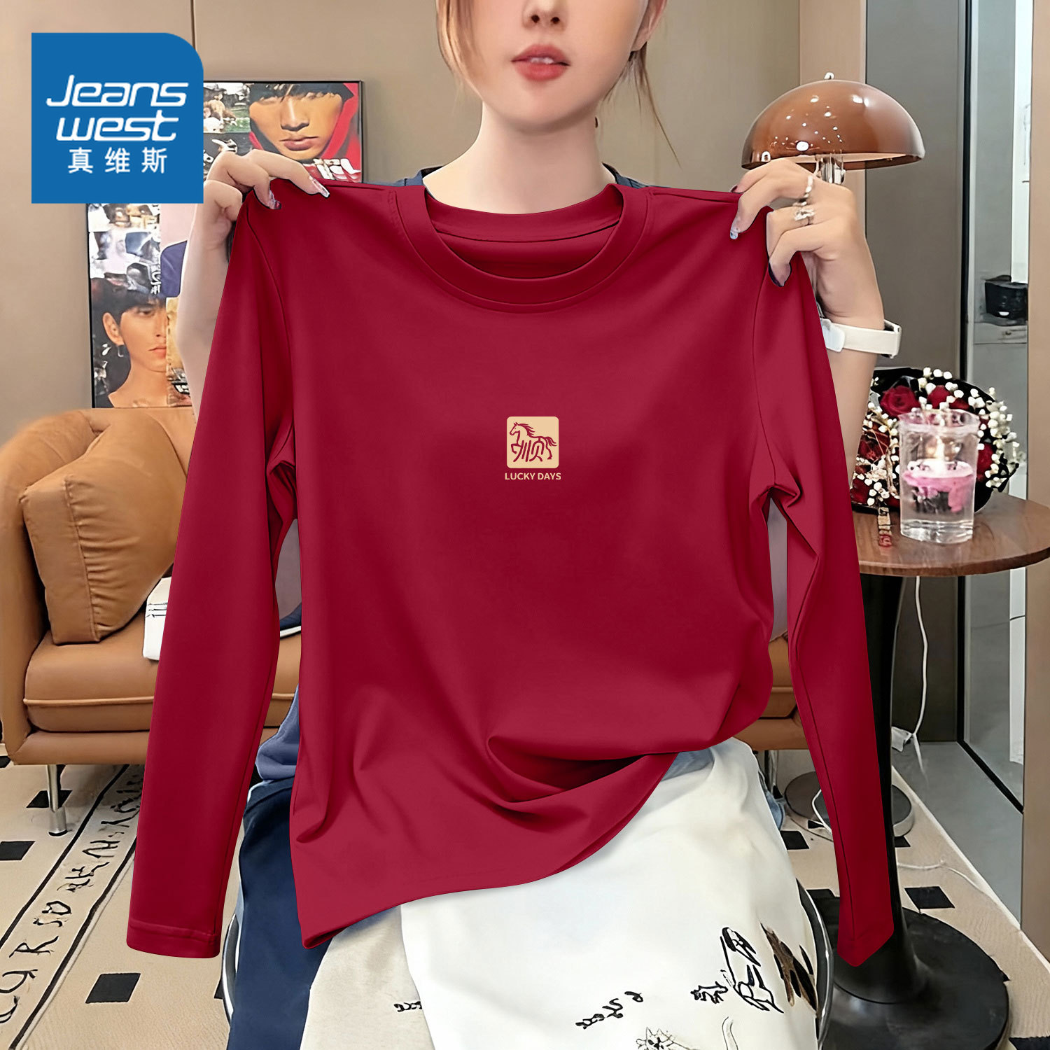 真维斯红色纯棉圆领长袖t恤女款