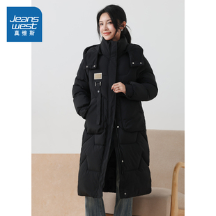 KF真维斯女装黑色保暖可拆帽棉服 2025冬季新品 女款长款休闲棉袄