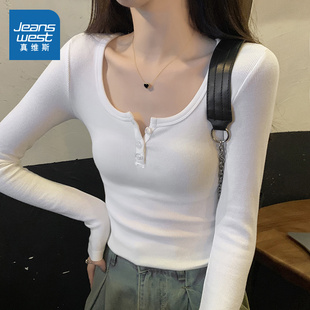 KHV真維斯白色長袖 2025春秋修身 u領開扣內搭打底衫 上衣 t恤女新款