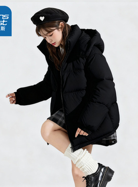 NOW真维斯黑色棉袄棉服女款2025新款冬季超好看的冬装夹棉厚外套