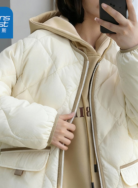 JR真维斯白色菱格棉服女冬季2025新款复古百搭棉袄保暖葫芦纹外套