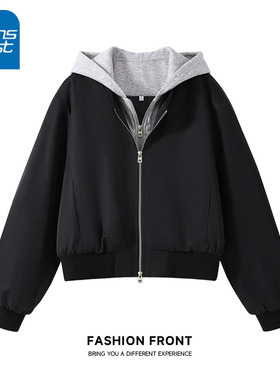 NOA真维斯假两件连帽短外套女 2025新款设计感加厚保暖时尚开衫女