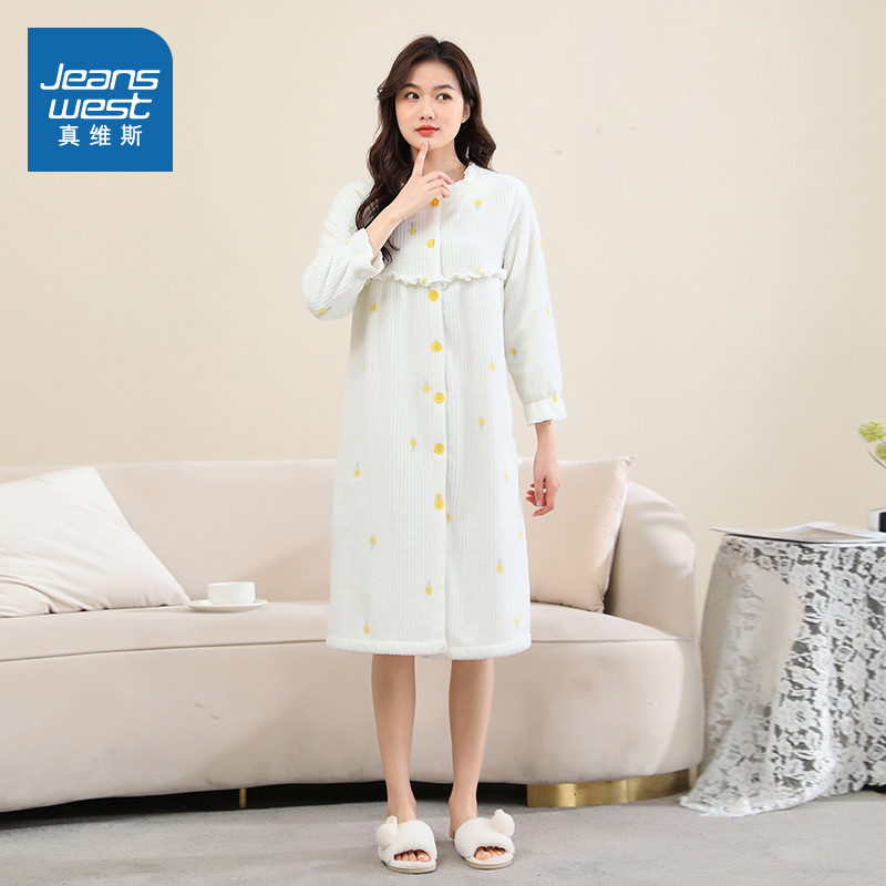 PA6真维斯女款2025冬季可爱印花加绒保暖宽松舒适时尚长袖睡裙