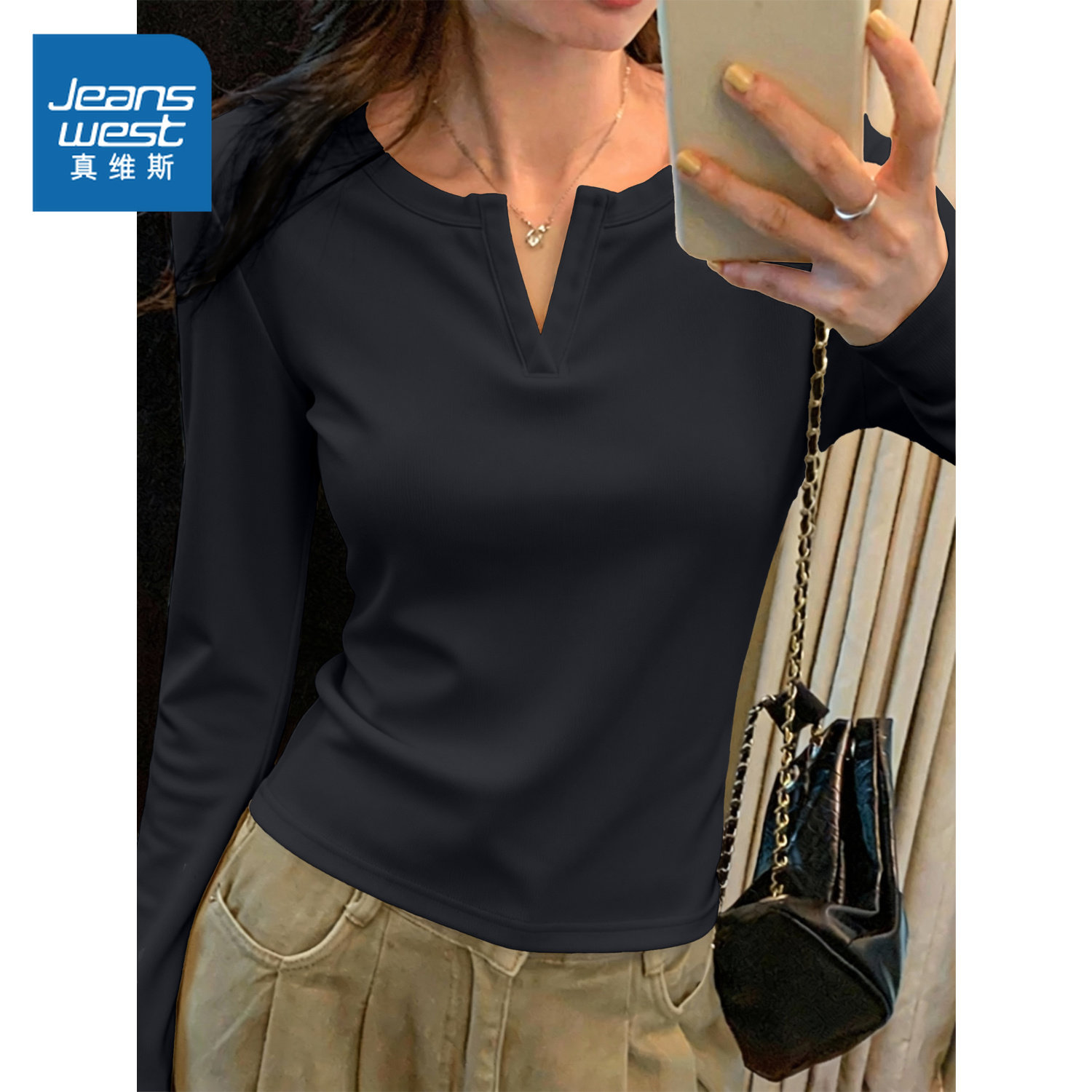 V真维斯显瘦v领长袖t恤女春秋