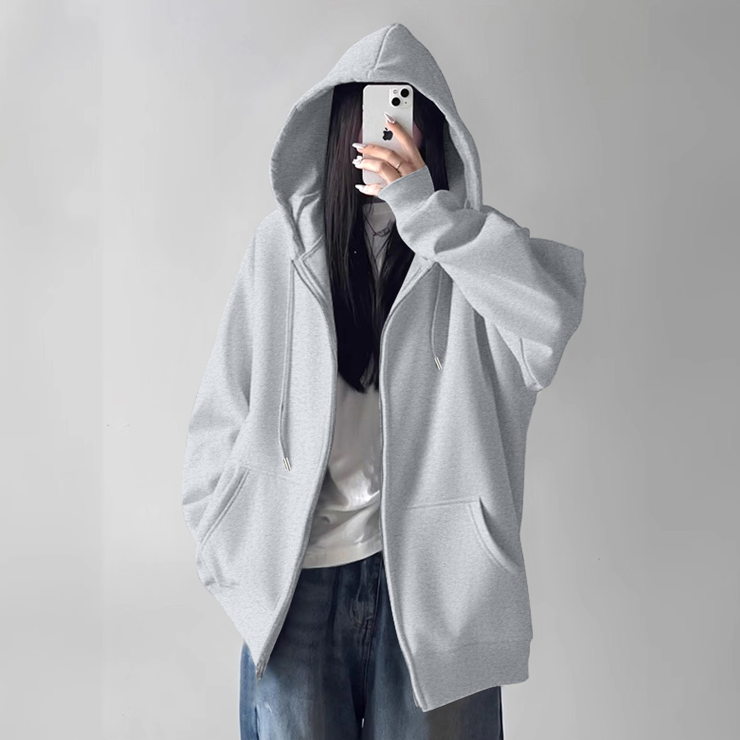 真维斯女秋灰色爆款连帽开衫外套