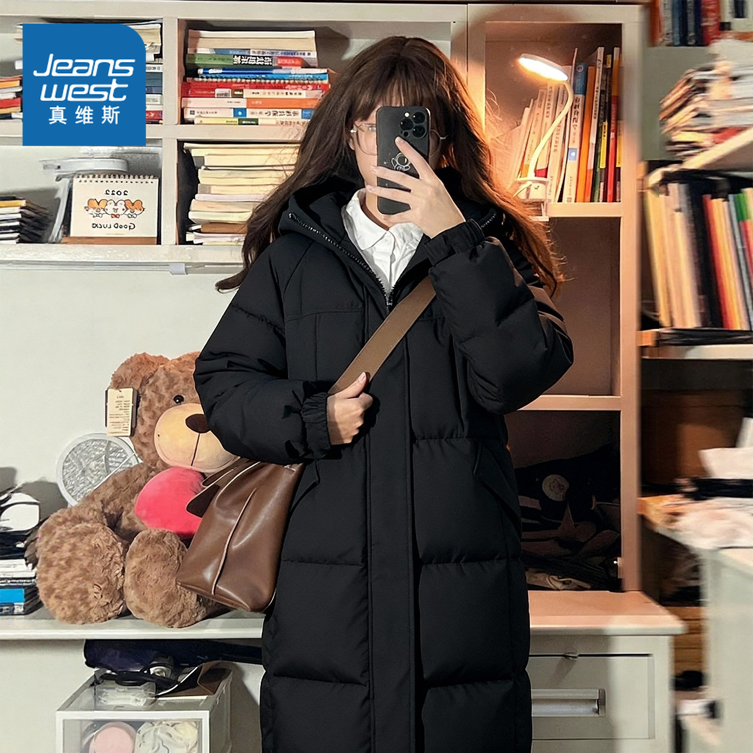 真维斯连帽中长款棉服女2025新款