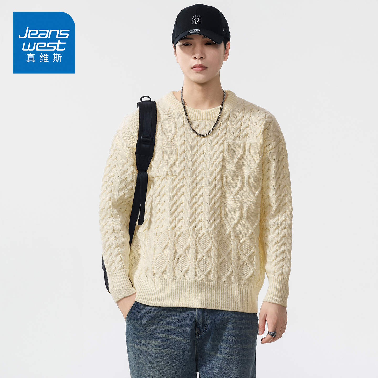 NG真维斯宽松慵懒风编织圆领针织毛衣男秋冬时尚百搭拼接绞花上衣