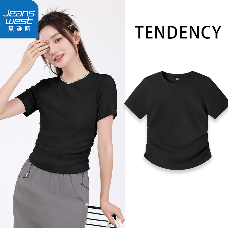 KMV真维斯黑色正肩短袖女t恤夏季2025新款修身显瘦设计感短款