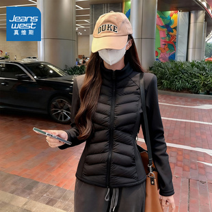 NOW真维斯黑色夹棉轻薄外套女2025新款 羽绒服冲锋衣内胆 秋冬修身