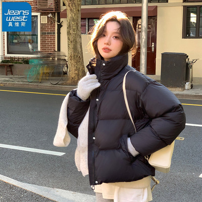 真维斯黑色短款棉服女夹棉外套