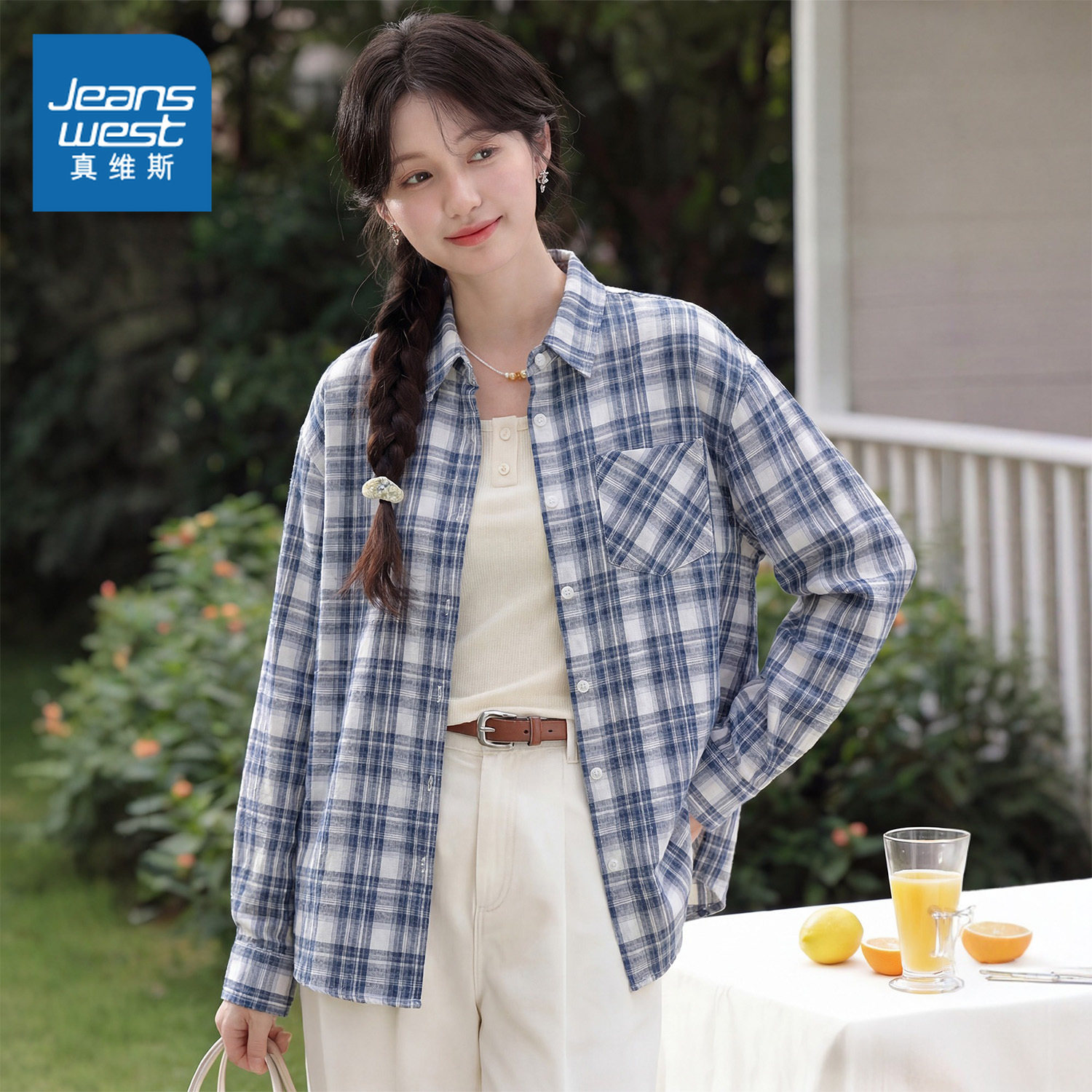 KMV真维斯复古藏青色格子衬衫外套女春休闲宽松衬衣设计开衫上衣,女装/女士精品,衬衫,淘宝优惠券,粉丝福利购,淘宝优惠卷