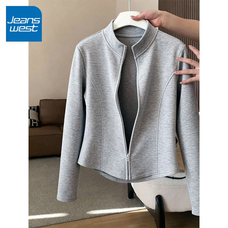 NOA真维斯灰色空气层修身外套女2026新款春秋季休闲显瘦开衫上衣,女装/女士精品,短外套,淘宝优惠券,粉丝福利购,淘宝优惠卷