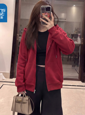 NOW真维斯红色卫衣外套女春秋季oversize拉链开衫慵懒chic风上衣