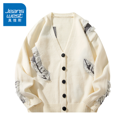 N5真维斯毛衣开衫男2025新款秋季破洞外套上衣宽松保暖男款针织衫