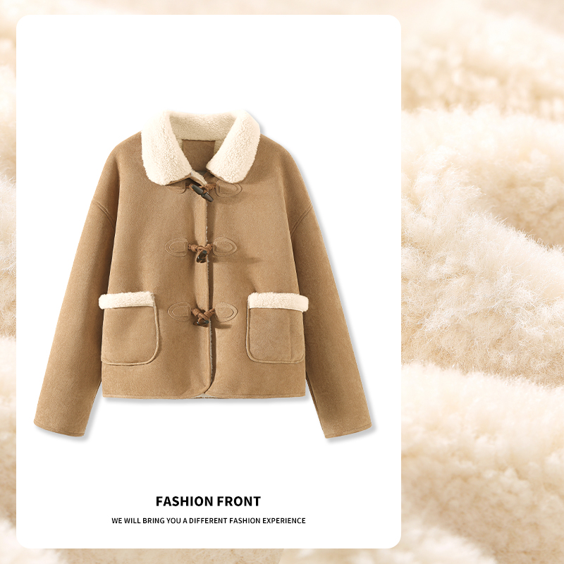 真维斯麂皮羊羔绒开衫外套女棉服