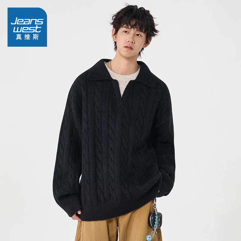 LR真维斯男装2025冬季新款复古纯色百搭宽松男士V领毛衣上衣