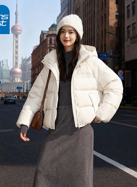 KV真维斯白色立领连帽羽绒服女款2025新款冬季轻薄小棉袄外套棉服