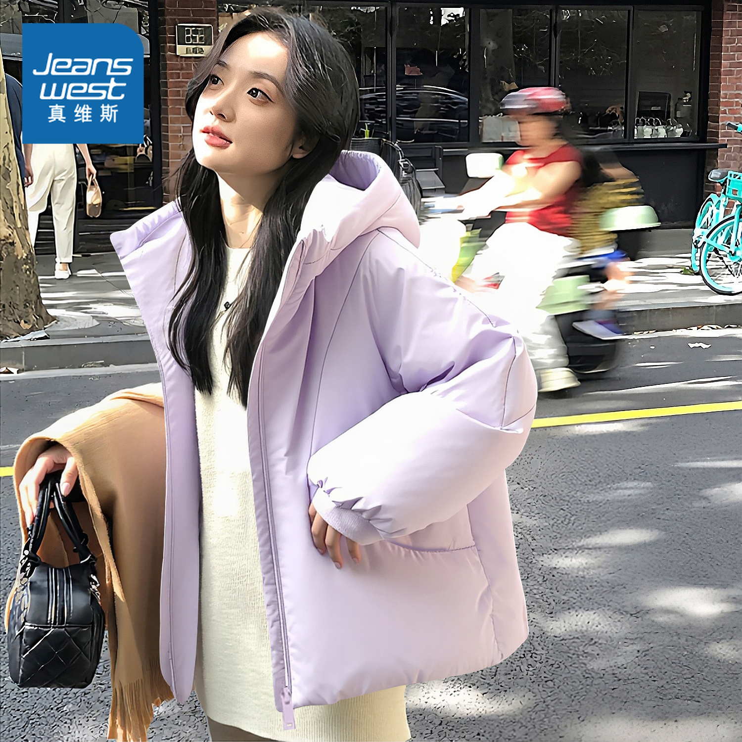真维斯紫色连帽棉衣棉服女款2025