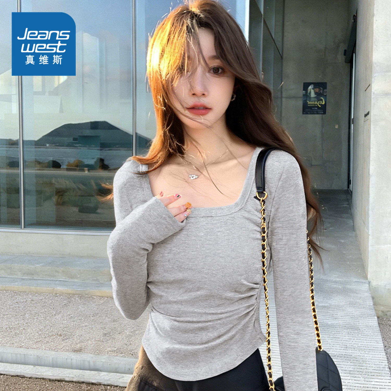 KMV真维斯方领打底衫内搭女冬2025特别漂亮的掐腰上衣显瘦长袖