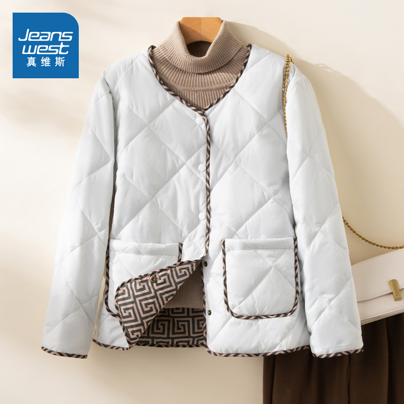 真维斯菱形格圆领宽松保暖棉服