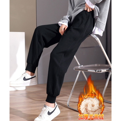 KHV真维斯黑色加绒运动裤女2026冬季新款羊羔绒加厚保暖束脚卫裤