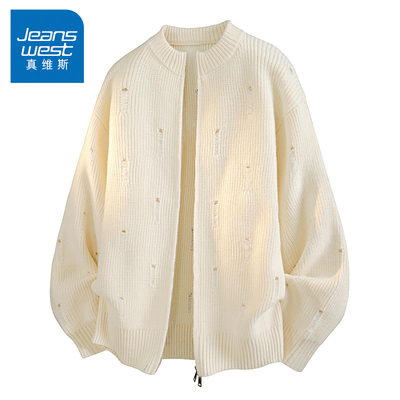 N5真维斯开衫毛衣男2025新款秋季破洞男装针织外套宽松男款针织衫