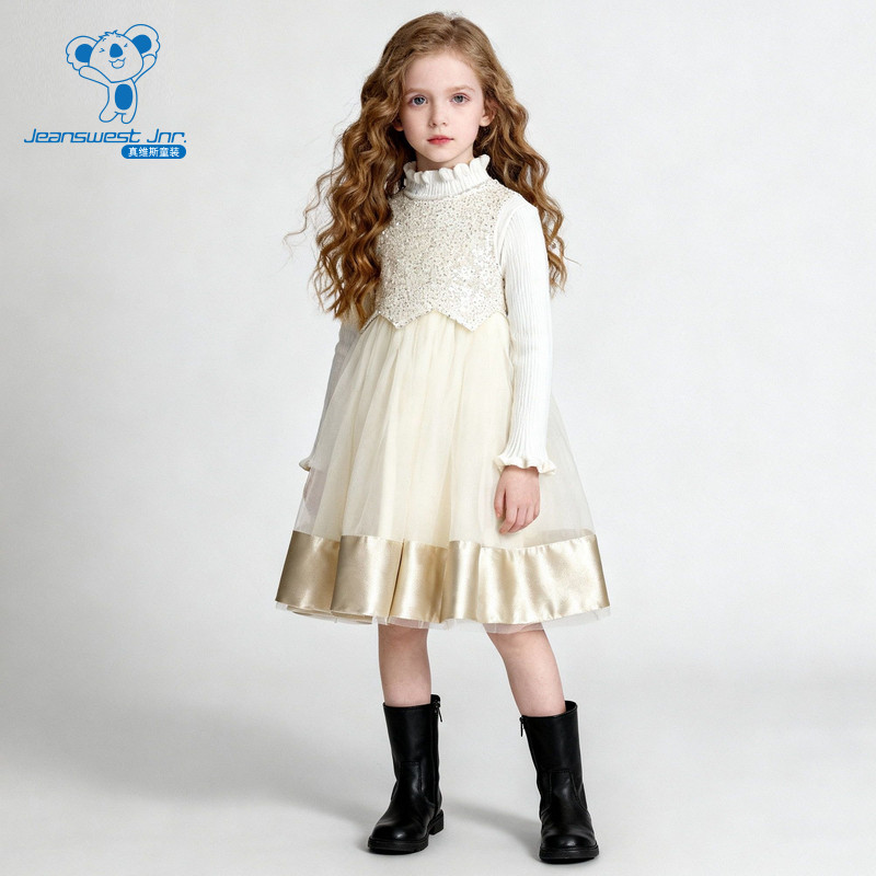 DQ真维斯女童2025年冬季新款针织长袖无袖网纱裙女童两件套套装