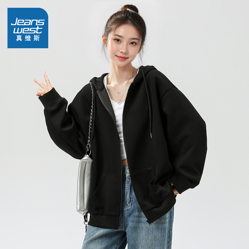 真维斯连帽宽松外套开衫黑色卫衣